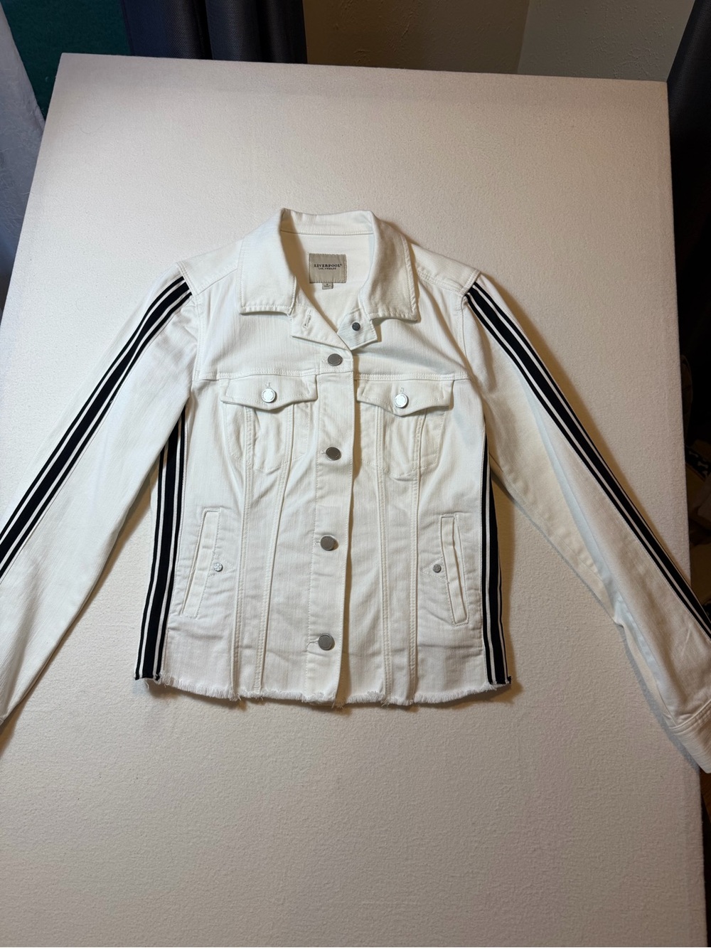 Liverpool White Denim Jacket with Black Stripe Detail